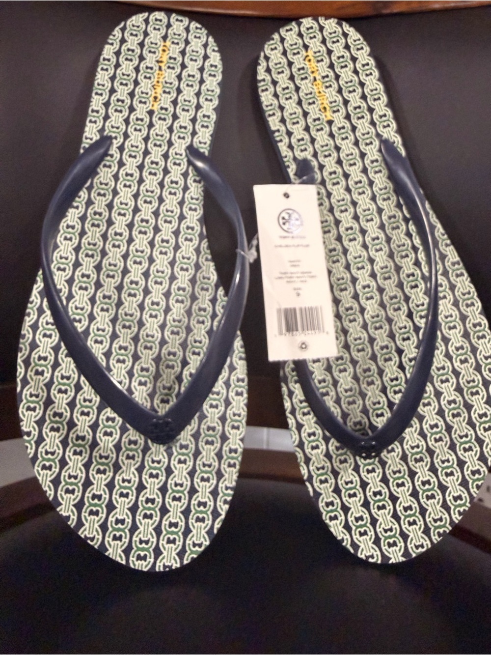 Tory Burch Navy Chelsea Flip Flop with Green Chain-Print Footbed